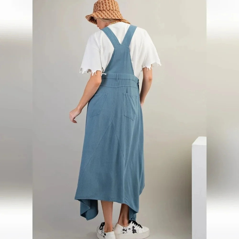 New Easel Poly Linen Jumpsuit Skirtall Dress Blue - Picture 3 of 5